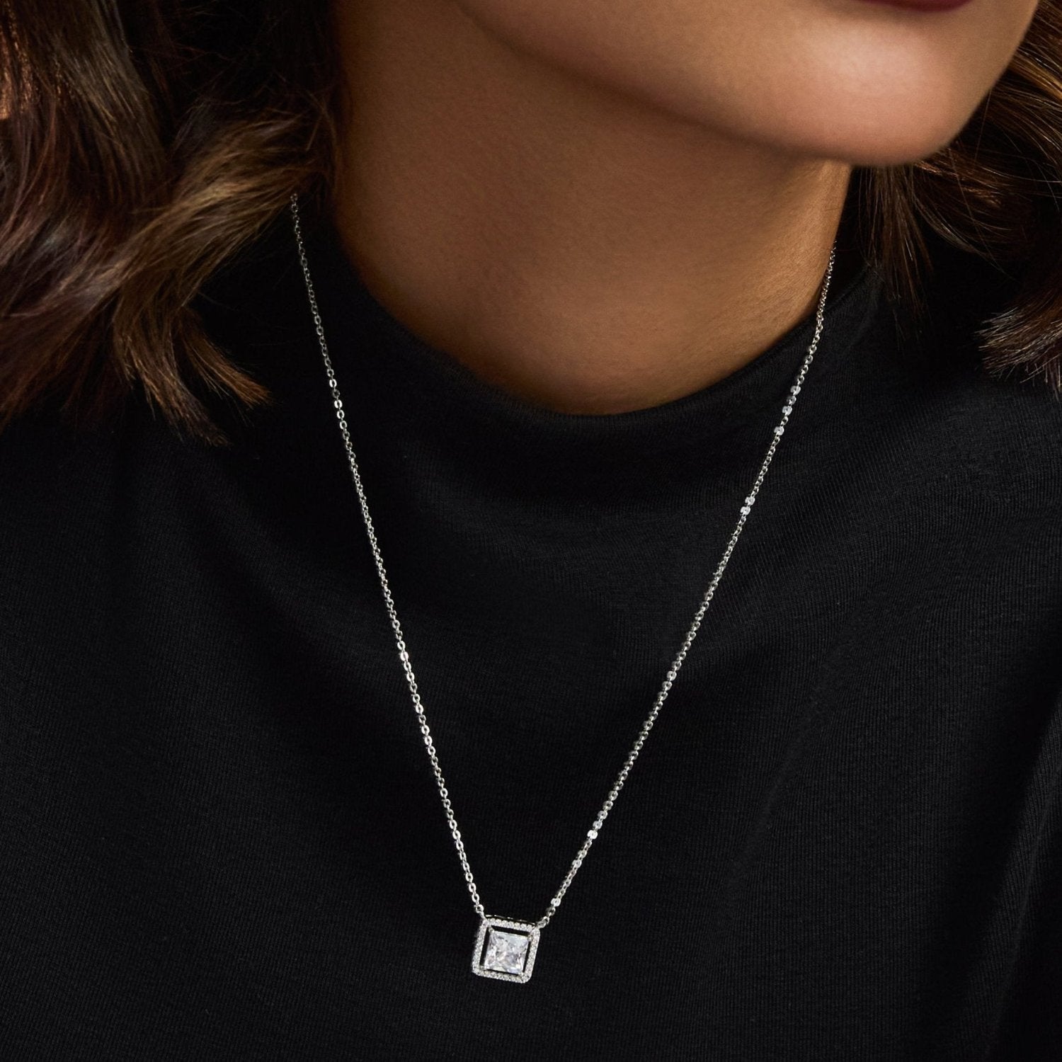 Squared Brilliance CZ Silver Pendant Necklace
