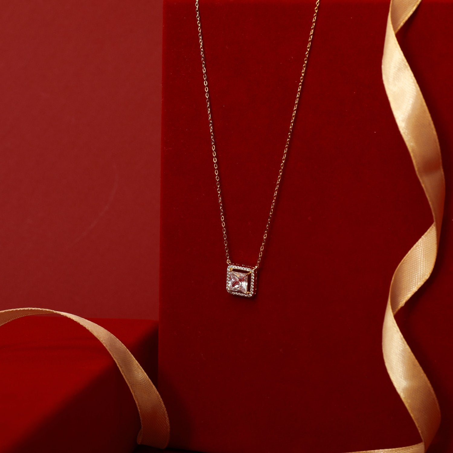 Squared Brilliance Gold Plated CZ Silver Pendant Necklace