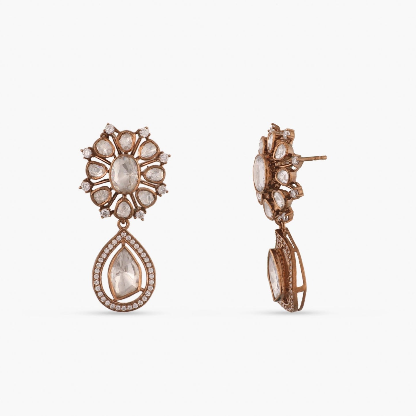 Moissanite Floral Silver Drop Earrings