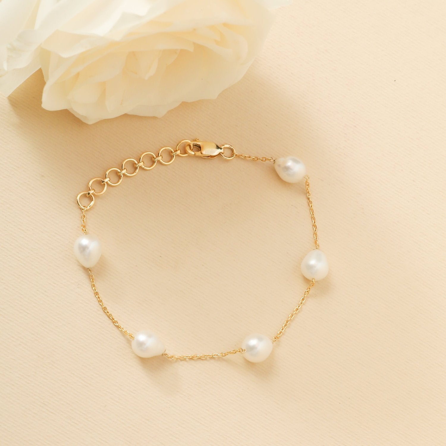 Celeste Studded Pearl Chain Gold Plated Silver Bracelet