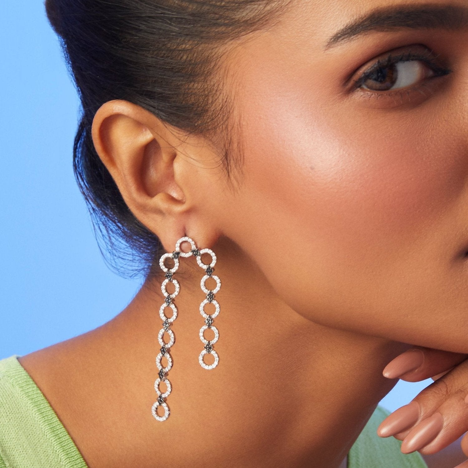 Monochrome Play Linked CZ Silver Drop Earring