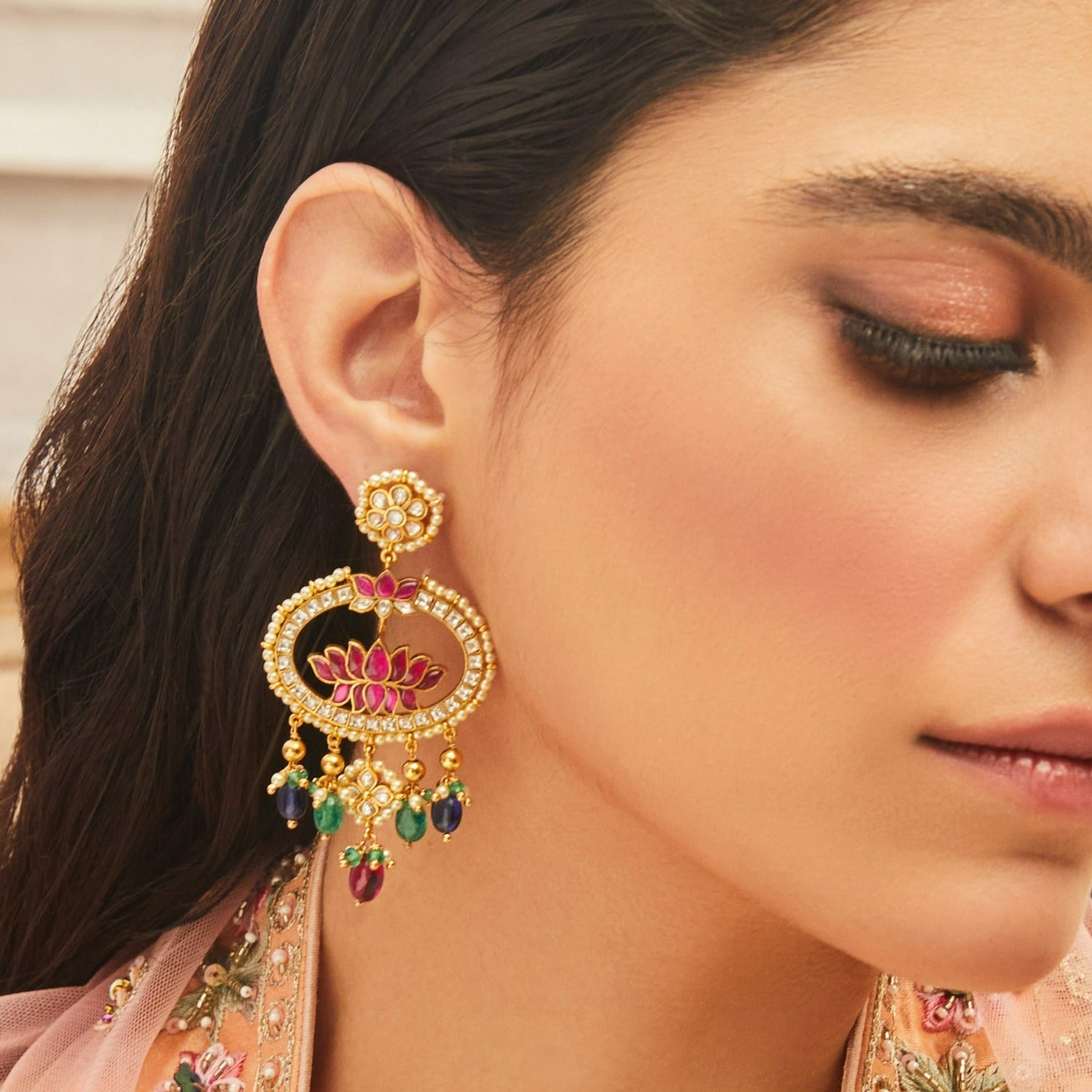 Lotus Bloom Heritage Jadau Silver Chandbali Earrings