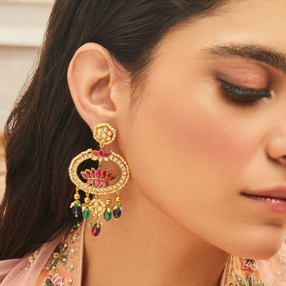 Lotus Bloom Heritage Jadau Silver Chandbali Earrings