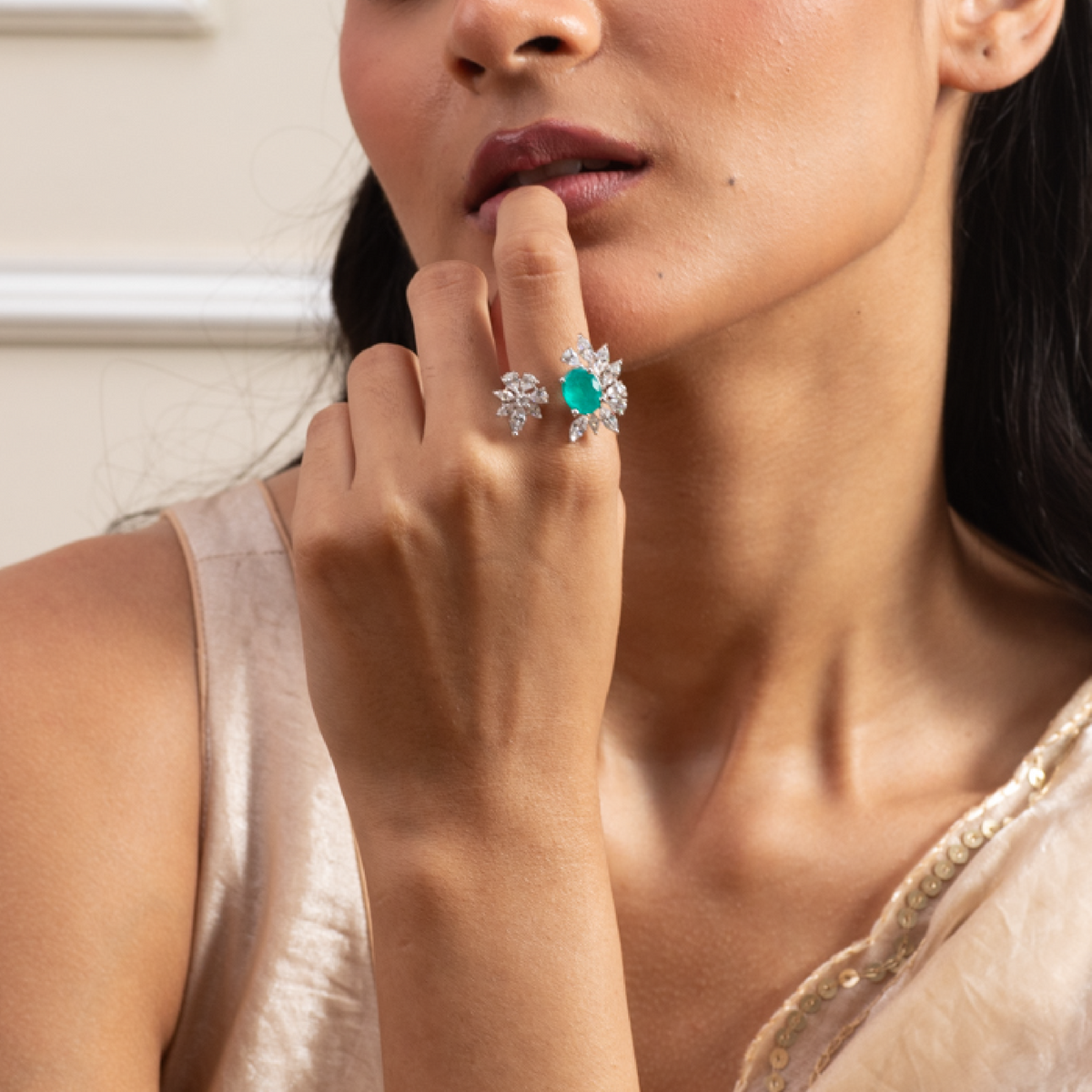 Emerald Bloom CZ Silver Ring