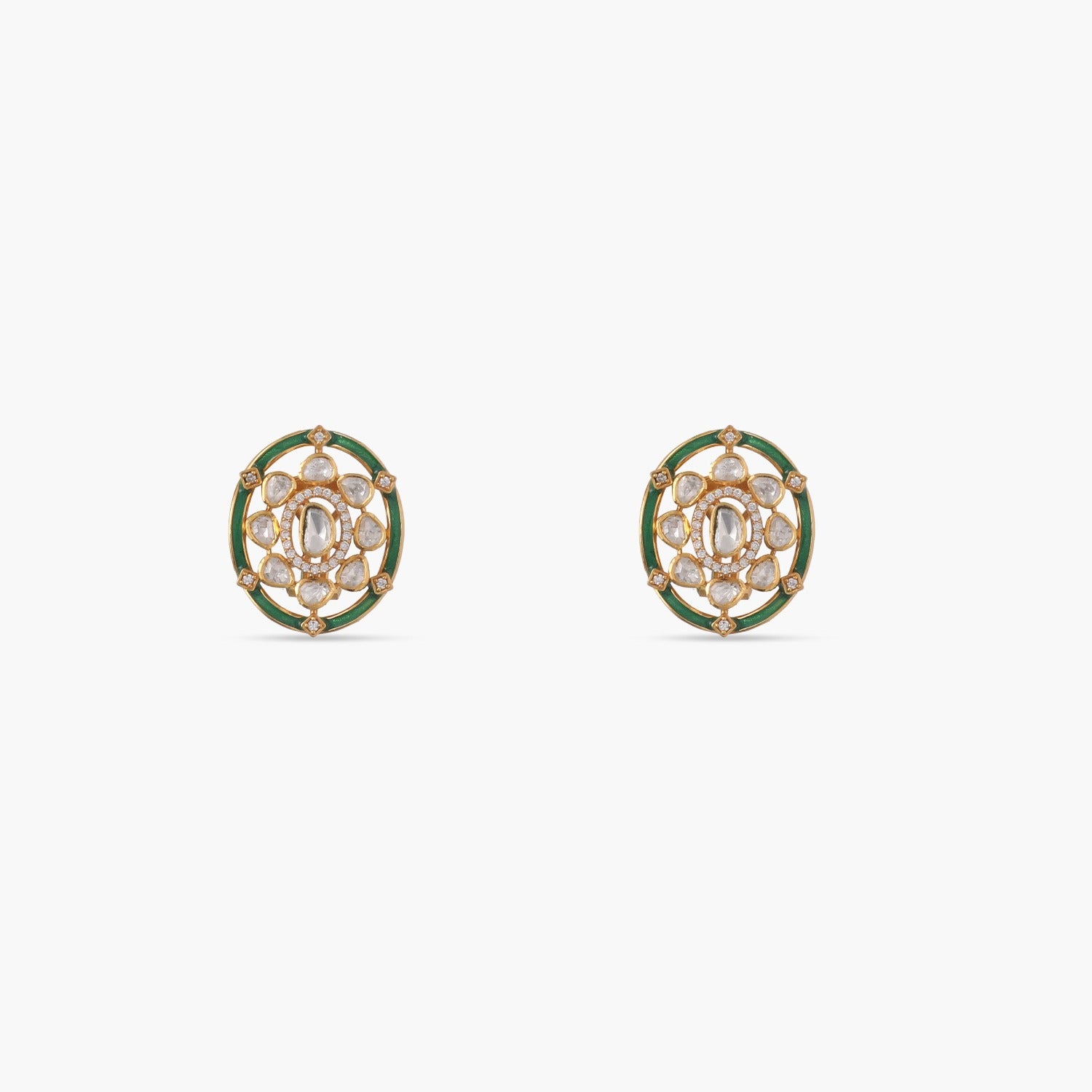 Floral Moissanite Green Enamel Stud Earrings