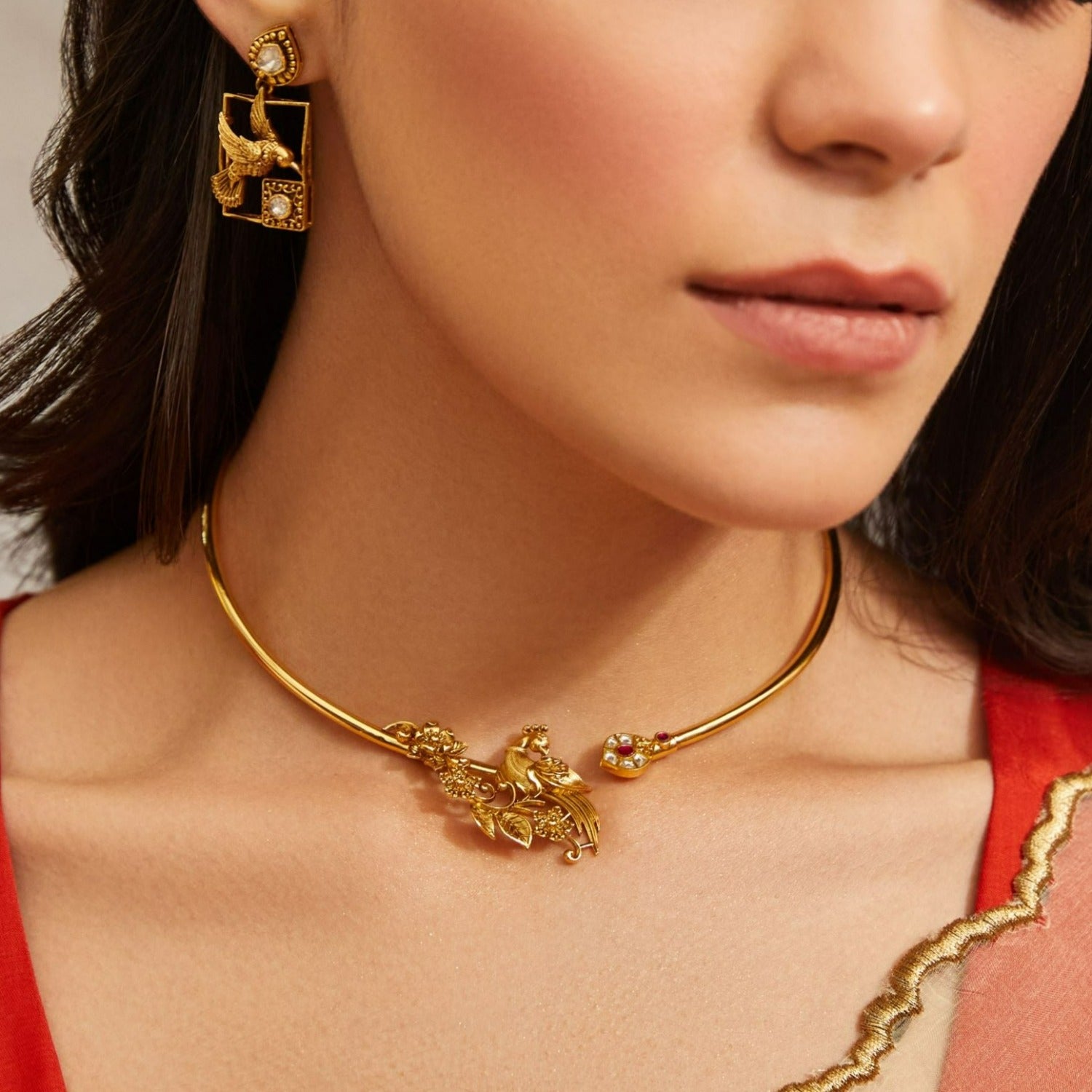 Mayurika Antique Gold Finish Silver Hasli Necklace 