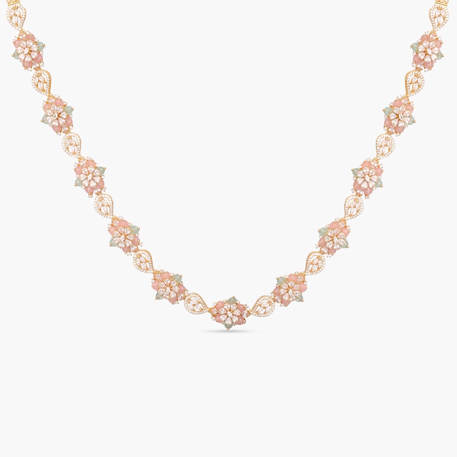 Petal Floral CZ Silver Long Necklace