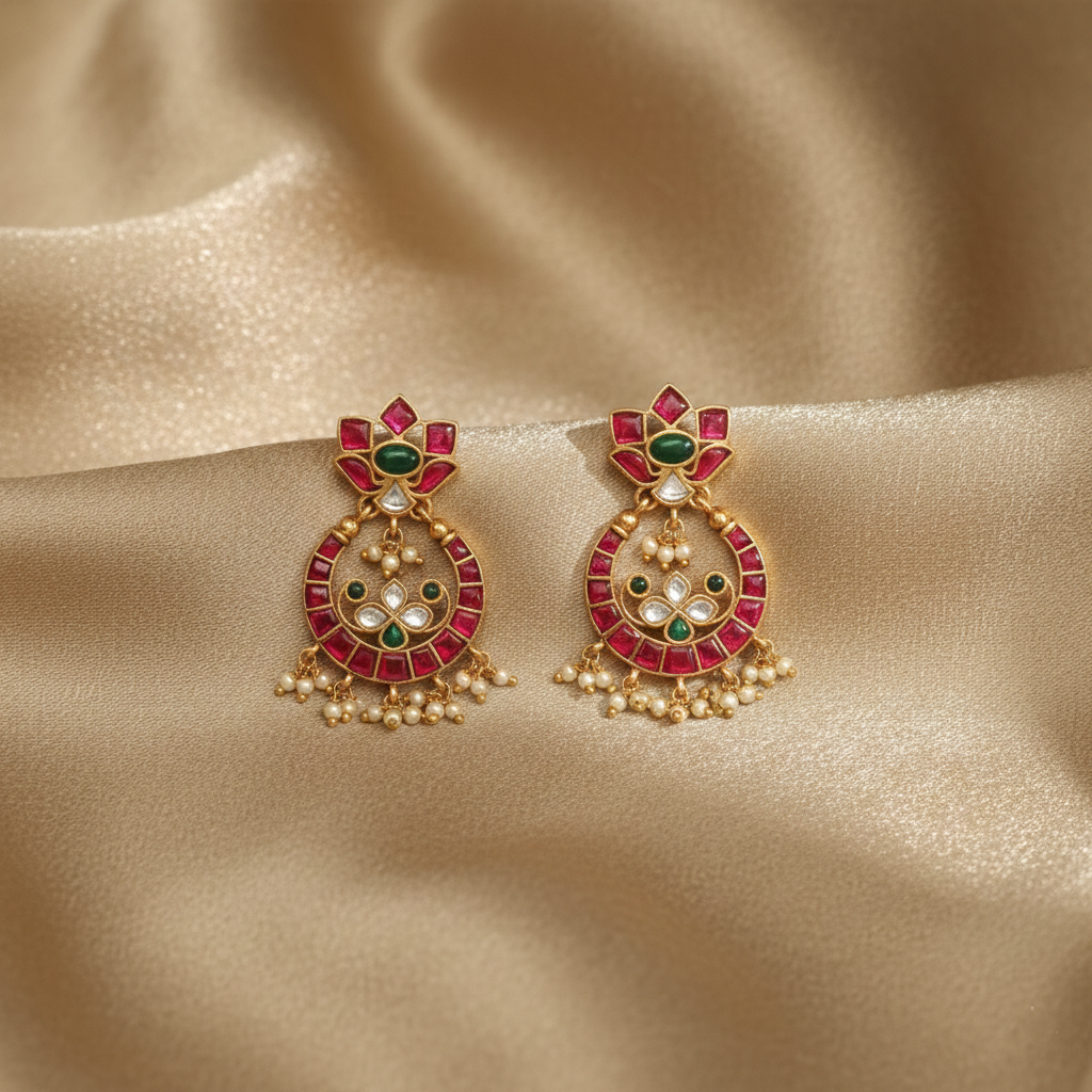 Pushpa Kempu Jadau Silver Chandbali Earrings
