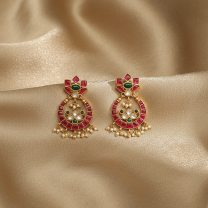 Pushpa Kempu Jadau Silver Chandbali Earrings
