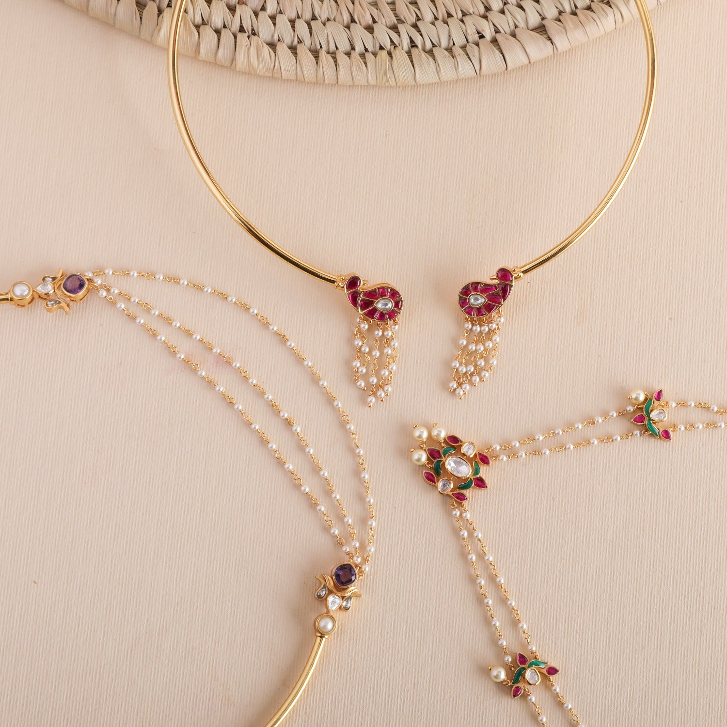 Malini Gold Plated Jadau and Pearl chain Short Necklace