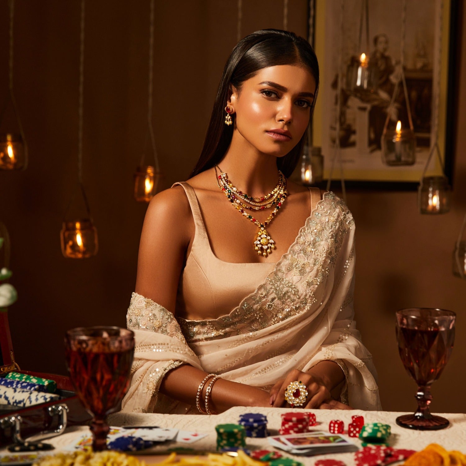 Navratna and CZ Layered Silver Necklace