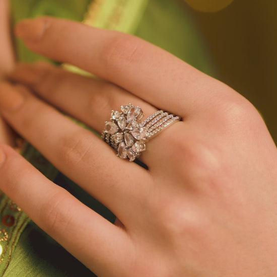 Lira Detailed CZ Cocktail Silver Ring