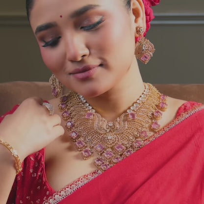 Meenal Moissanite Silver Peacock Necklace Set