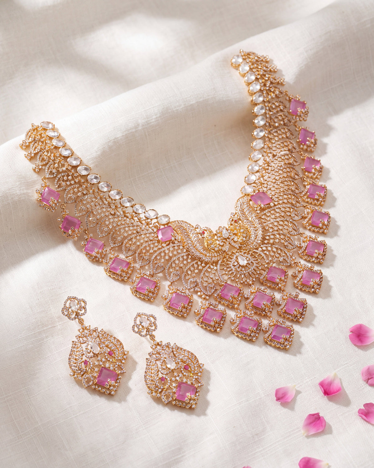 Meenal Moissanite Silver Peacock Necklace Set