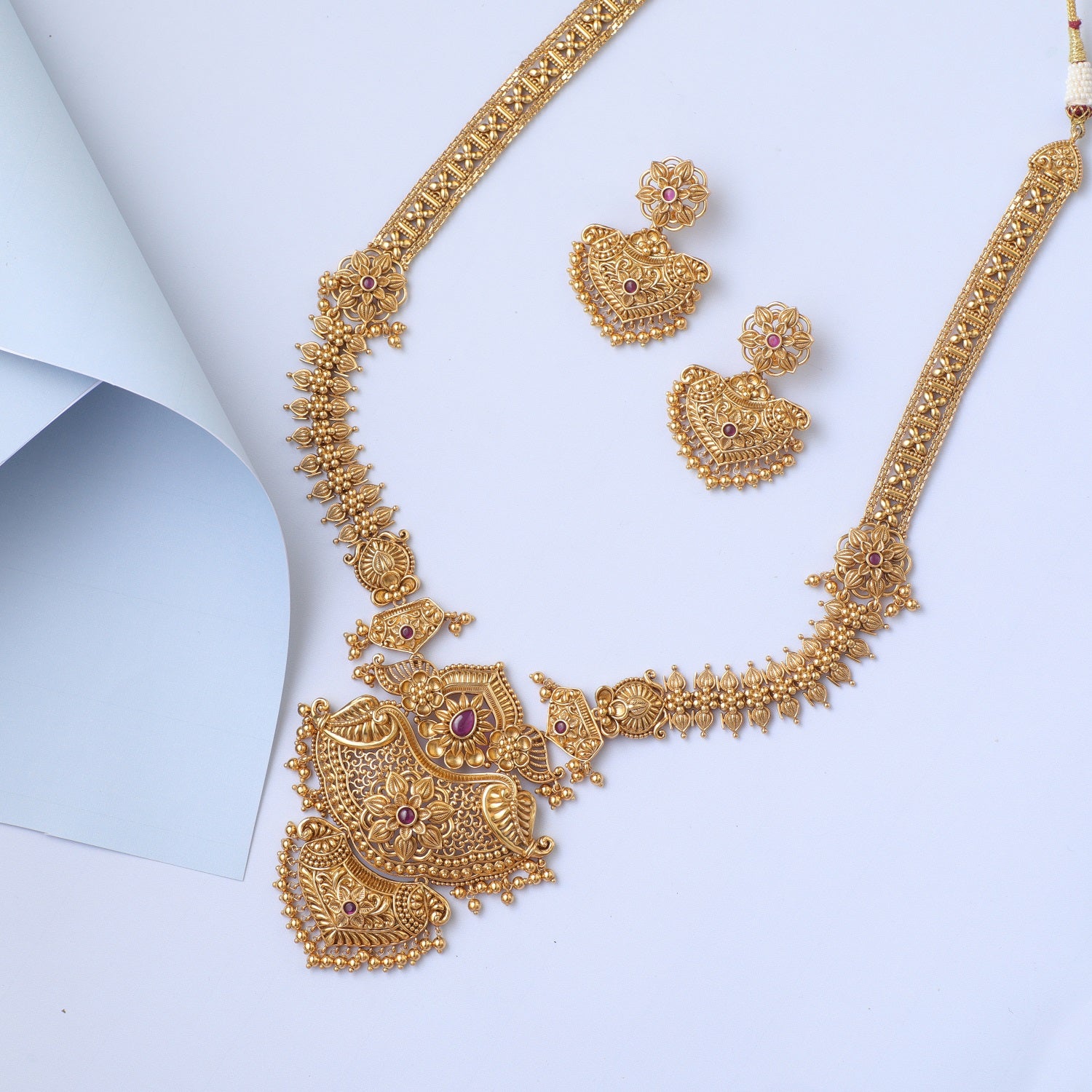 Swara Statement Silver Long Necklace Set - Main Image