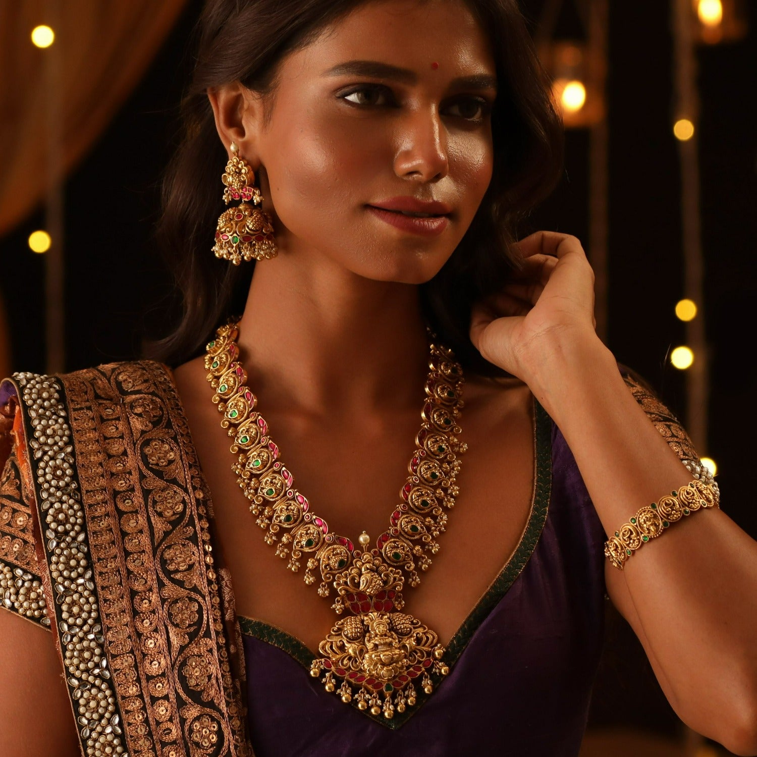 Classic Peacock Temple Silver Long Necklace Set