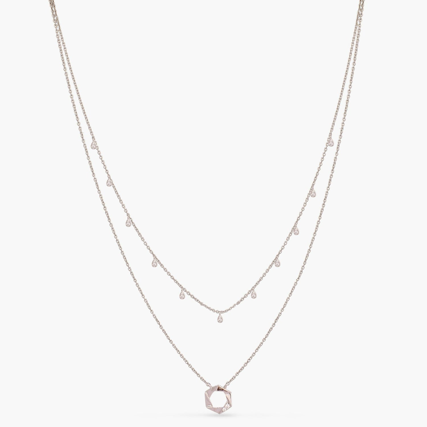 Two Layer CZ Charm Dainty Silver Necklace