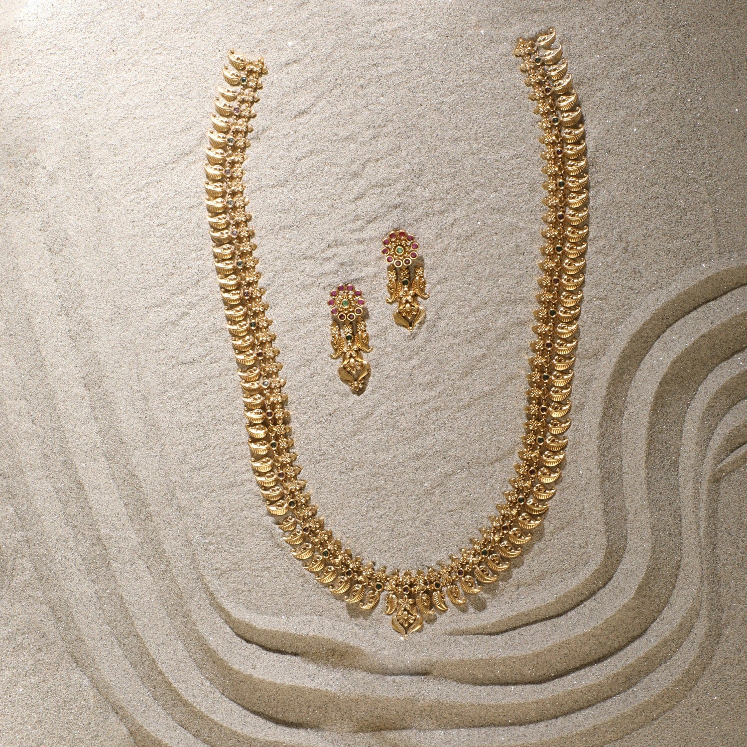 Swara Mango Motif Silver Long Necklace Set