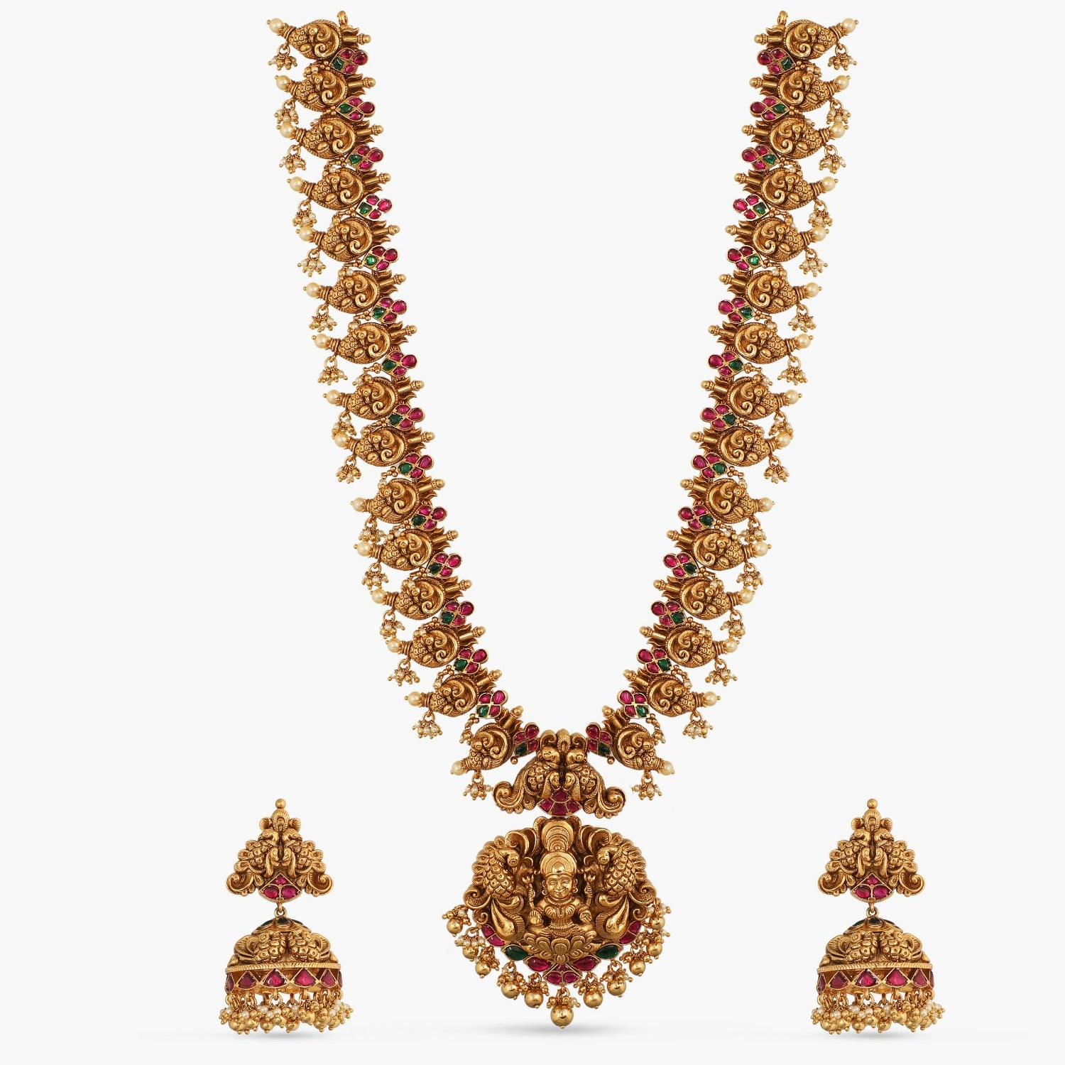 Lakshmi Temple Kempu Silver Long Necklace Set