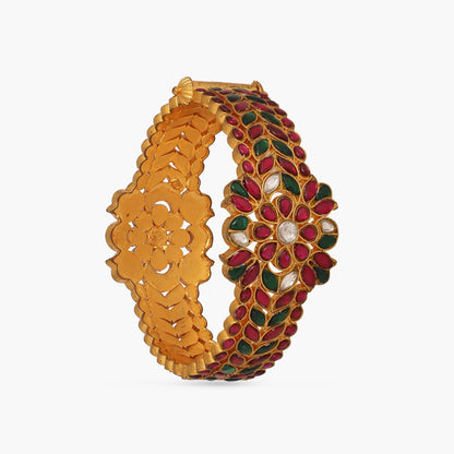 Leafy Floral Classic Kempu Jadau Silver Bracelet