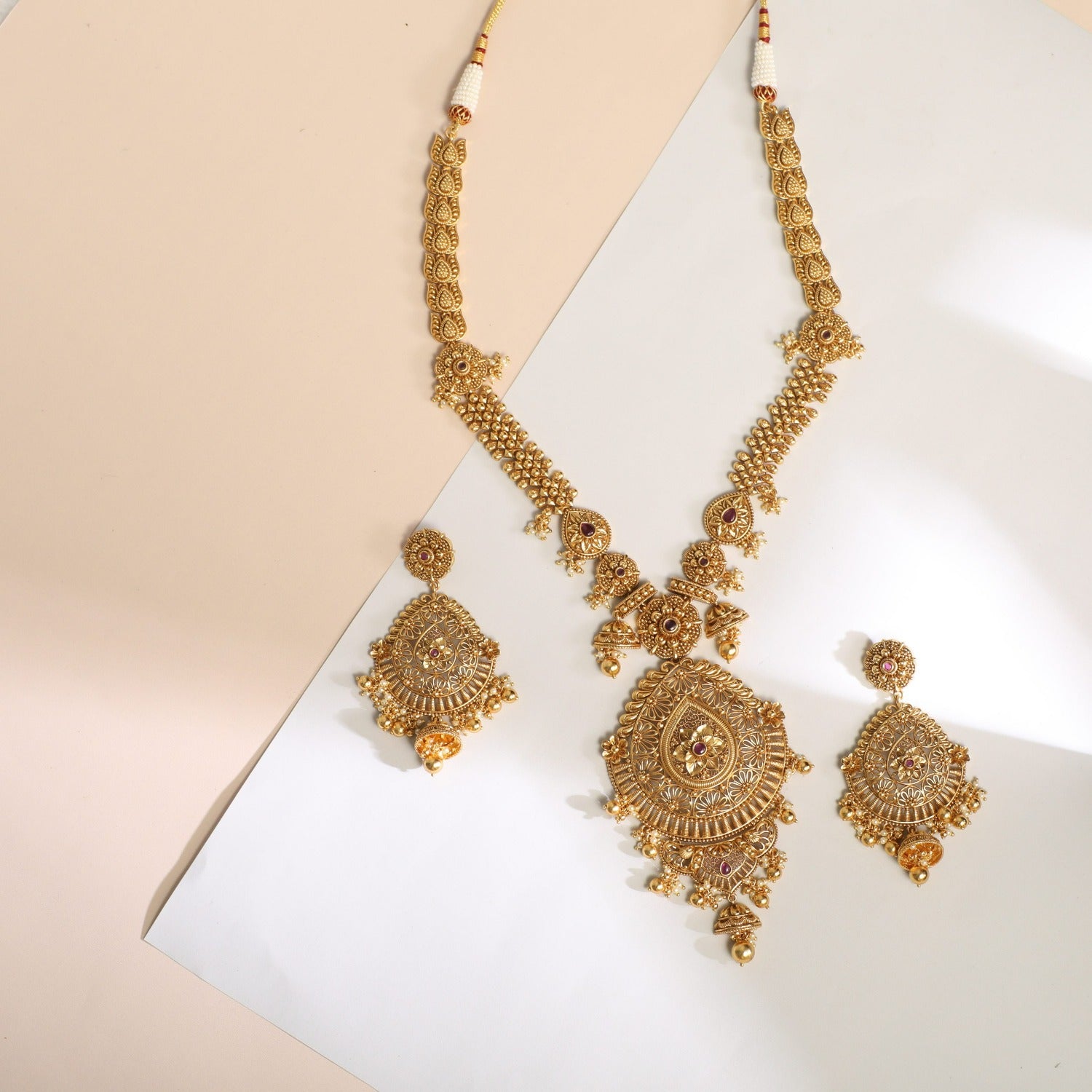 22K Gold 'Mango' Long Necklace & Earrings Set with Ruby, Emerald & Japanese  Culture Pearls(Temple Jewellery) - 235-GS3137 in 112.700 Grams