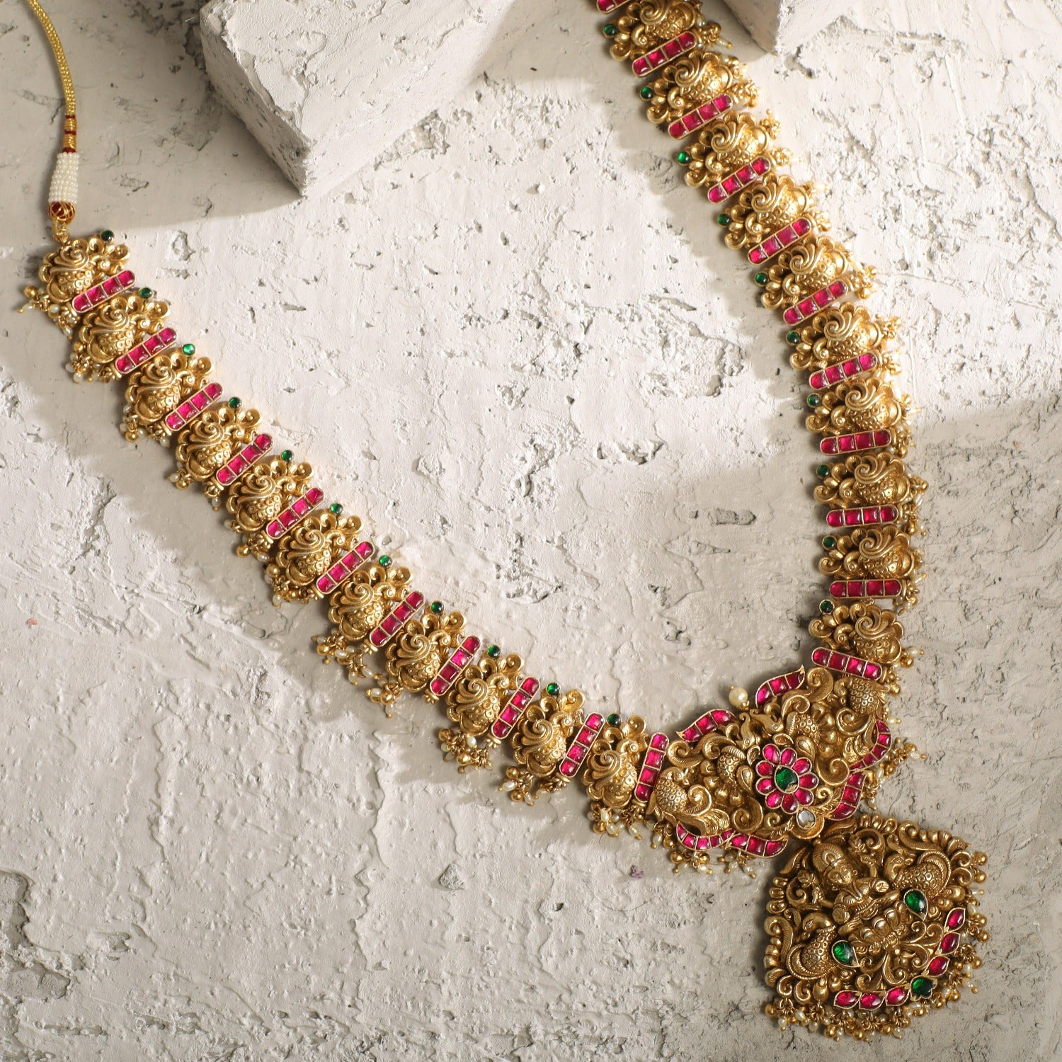 Nakshi Kempu Silver Long Necklace Set