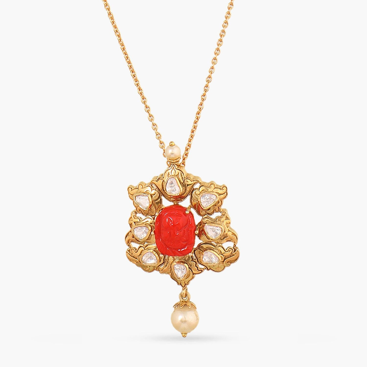 Carved Coral Moissanite Silver Pendant