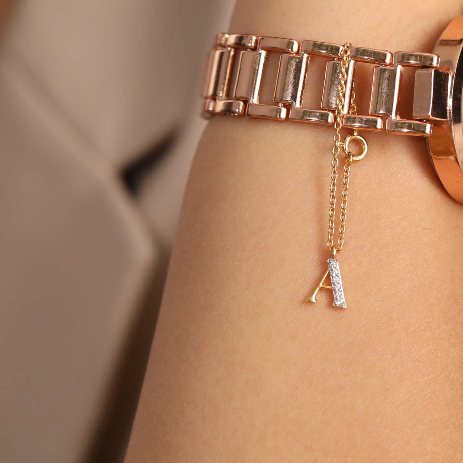 Alphabet CZ Gold Plated Silver Watch Charm - Main Image