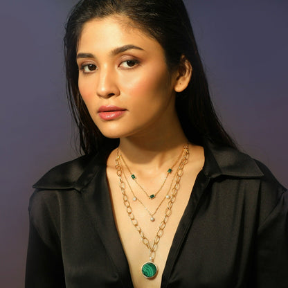 Malachite Three-Layer Round Charm Silver Necklace