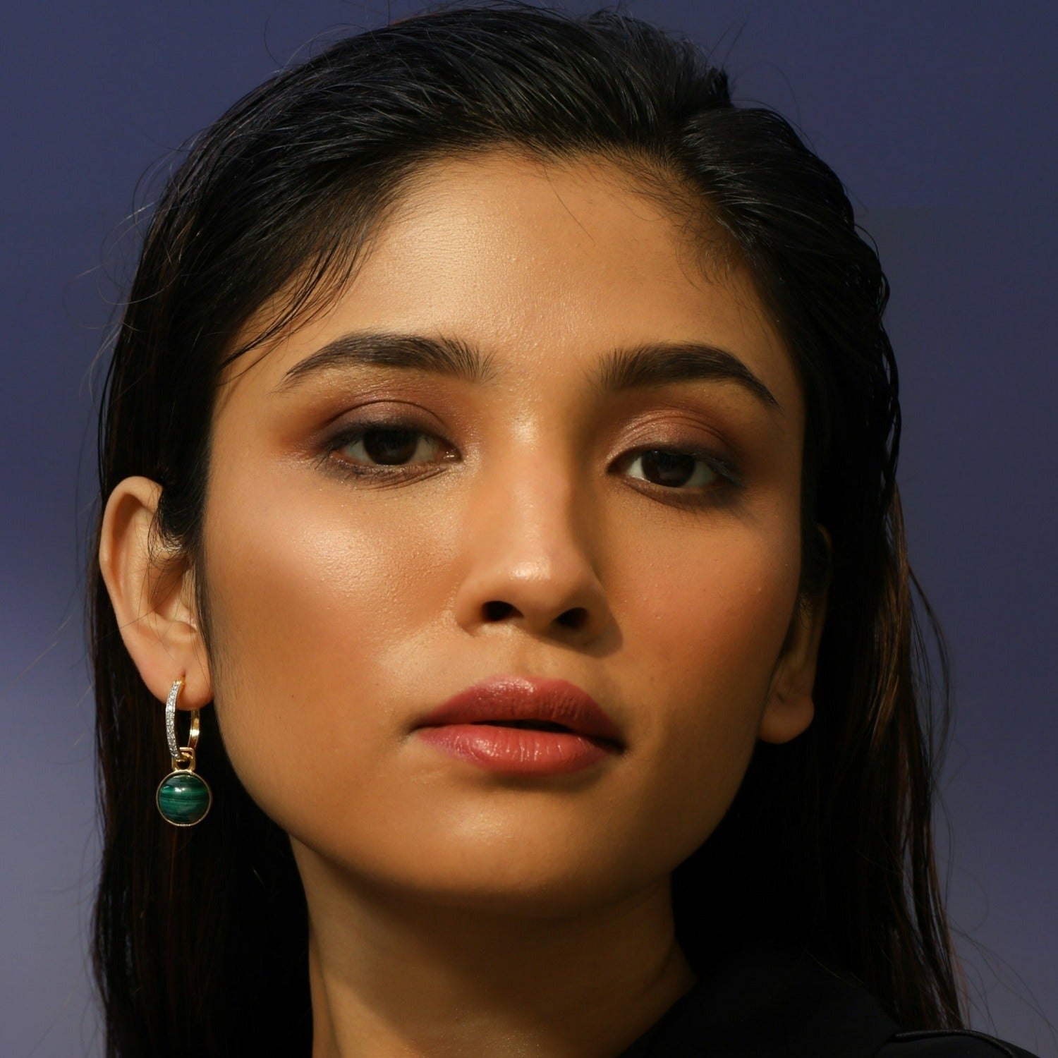 Malachite Round Charm Silver Hoop Earrings