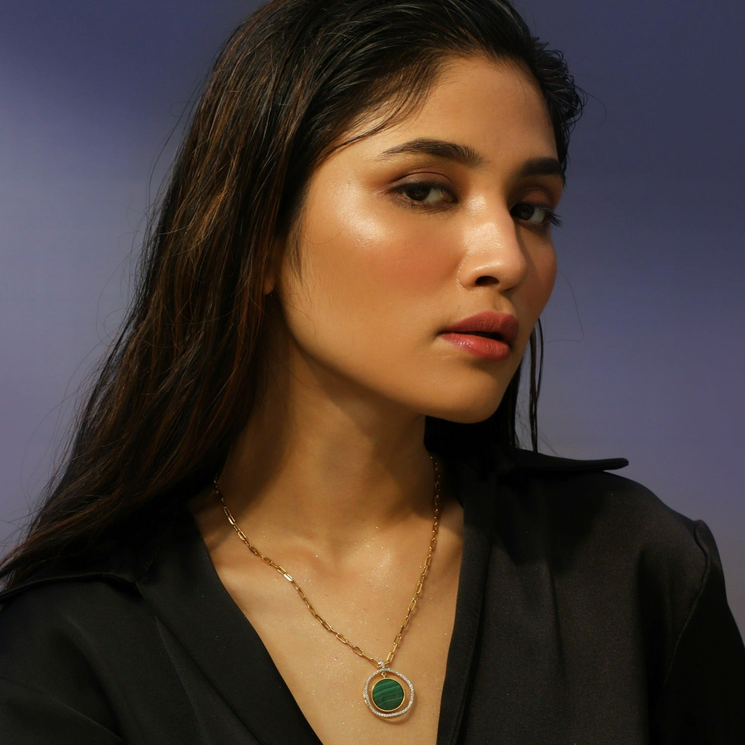 Malachite Statement Round Charm Silver Necklace