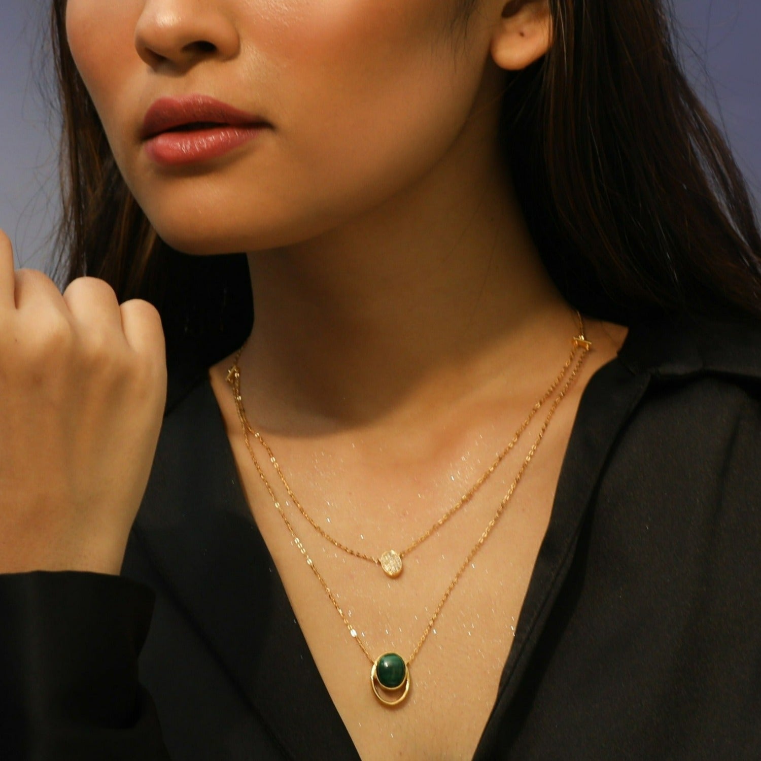 Malachite Duo Layer Oval Charm Silver Necklace
