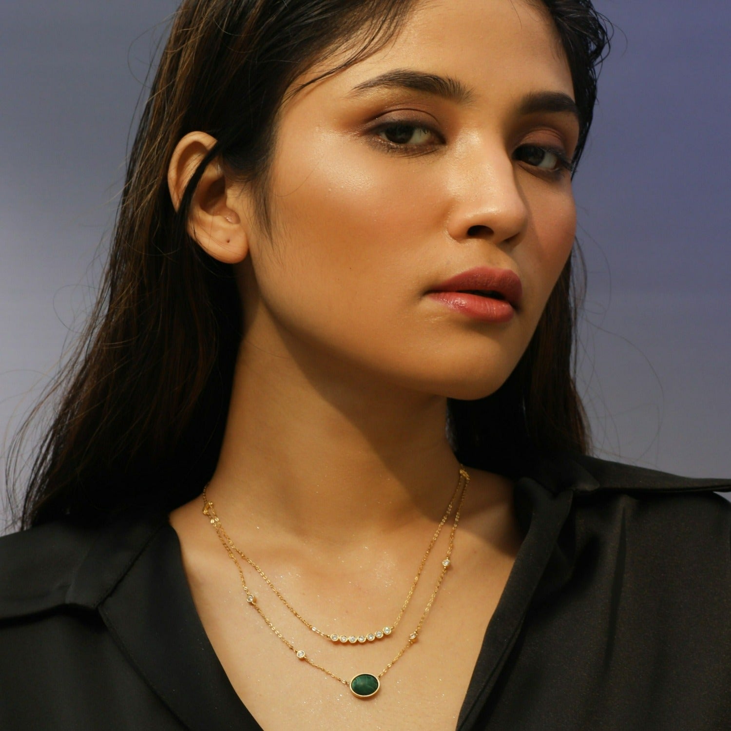 Malachite Two-Layer Statement Round Charm Silver Necklace