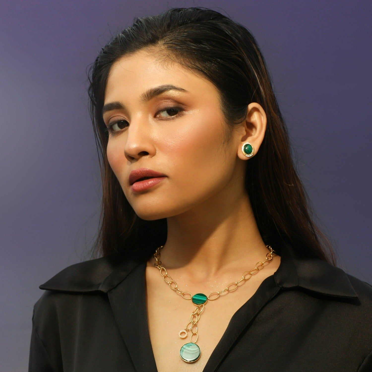 Malachite Dual Charm Silver Tie-Chain Necklace