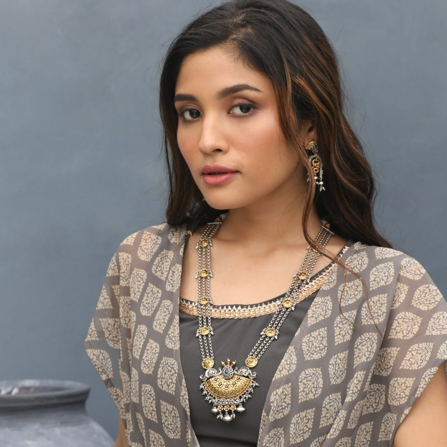 Elegant Oxidized Silver Layered Long Necklace
