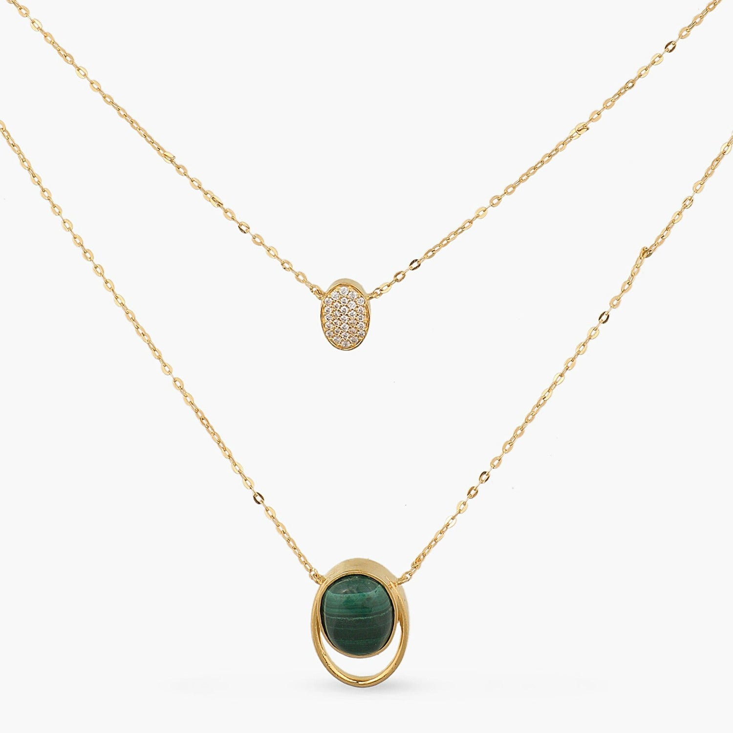 Malachite Duo Layer Oval Charm Silver Necklace