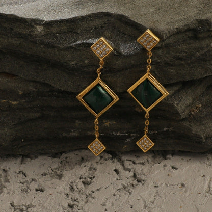 Malachite Square Charm Silver Drop Earrings