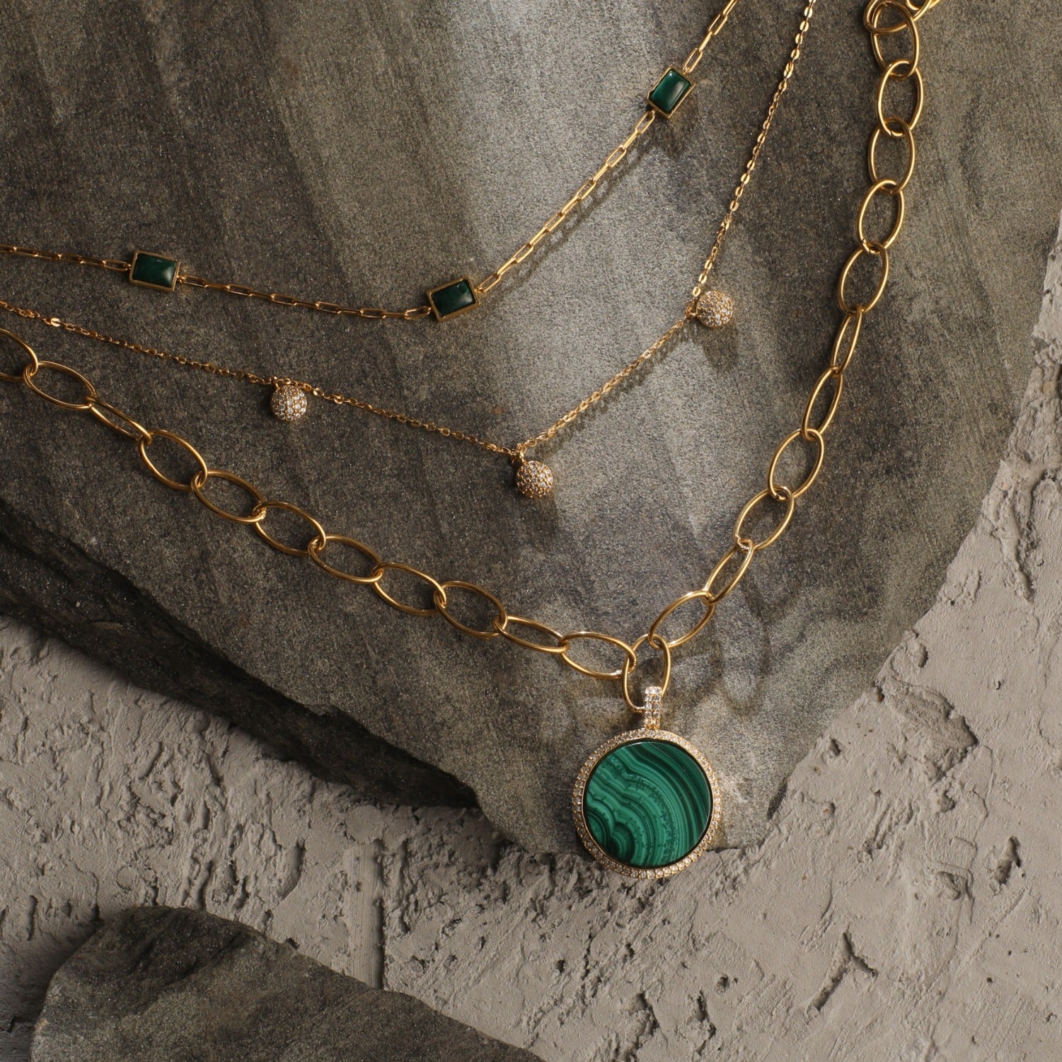 Malachite Three-Layer Round Charm Silver Necklace