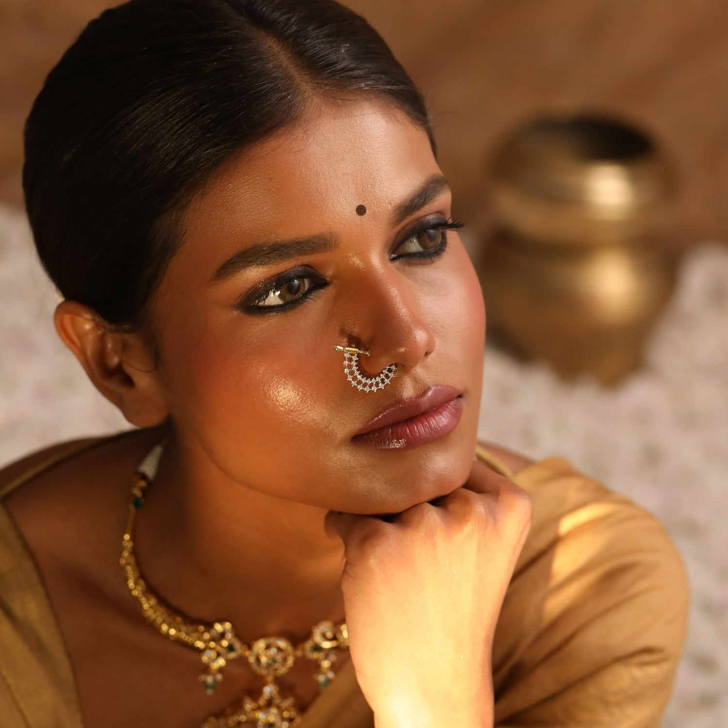 Indian Woman Big Nose Ring With Chain House Of Aadyaa Silver CZ