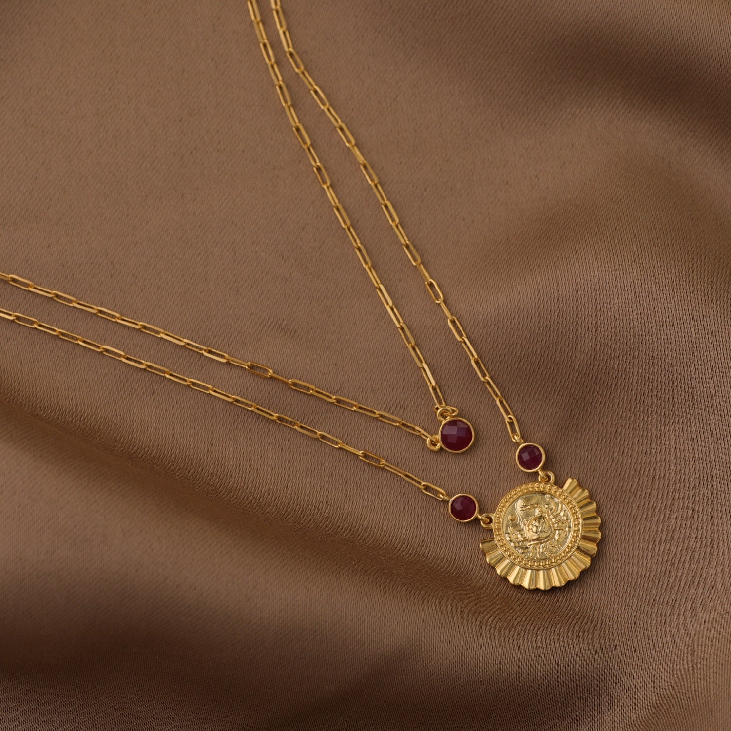 Ruby Cancer Zodiac Layered Gold Plated Silver Necklace