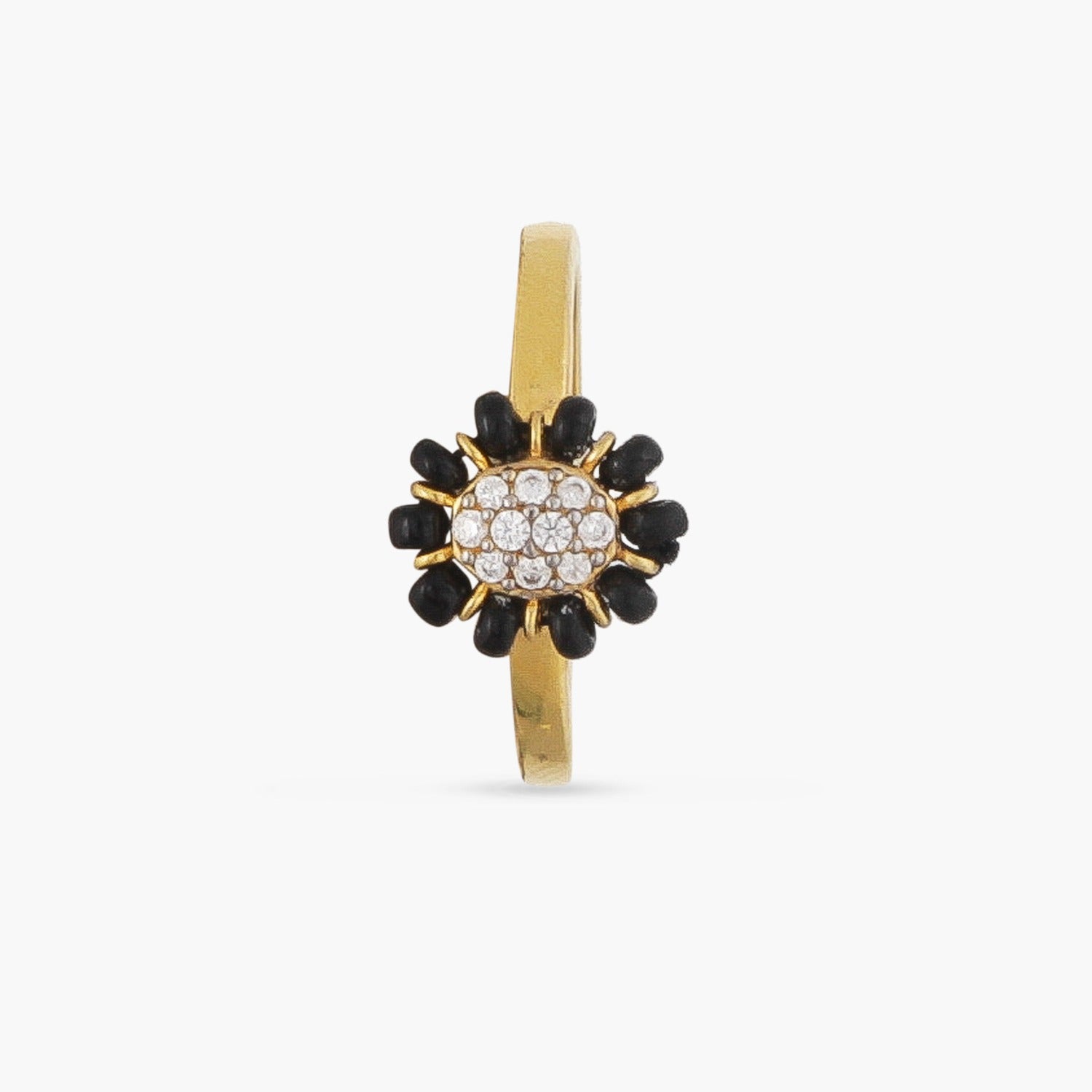 Delicate Floral CZ Silver Black Bead Ring