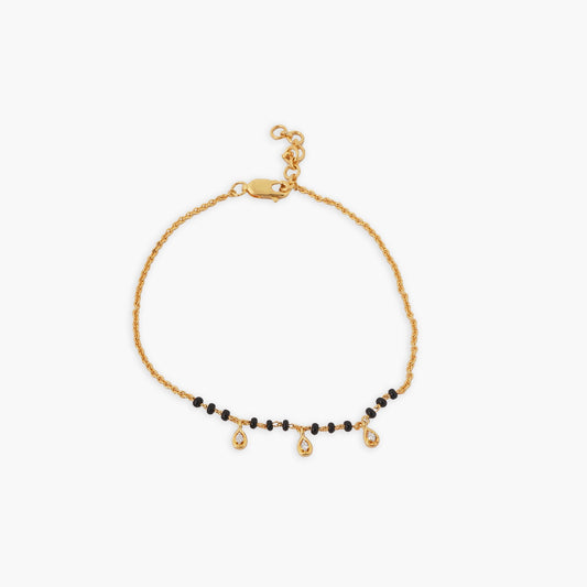 Three CZ Tear Drops Silver Black Bead Bracelet