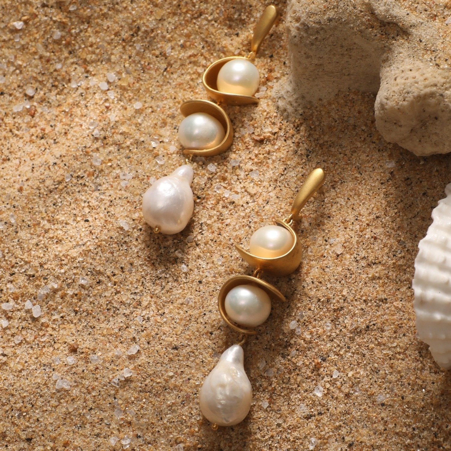 Double Pearl Baroque Silver Earrings